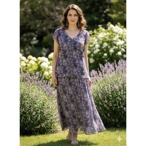 Jessica Howard Purple Floral Chiffon Maxi Dress V-Neck Short Sleeve Size 8 USA